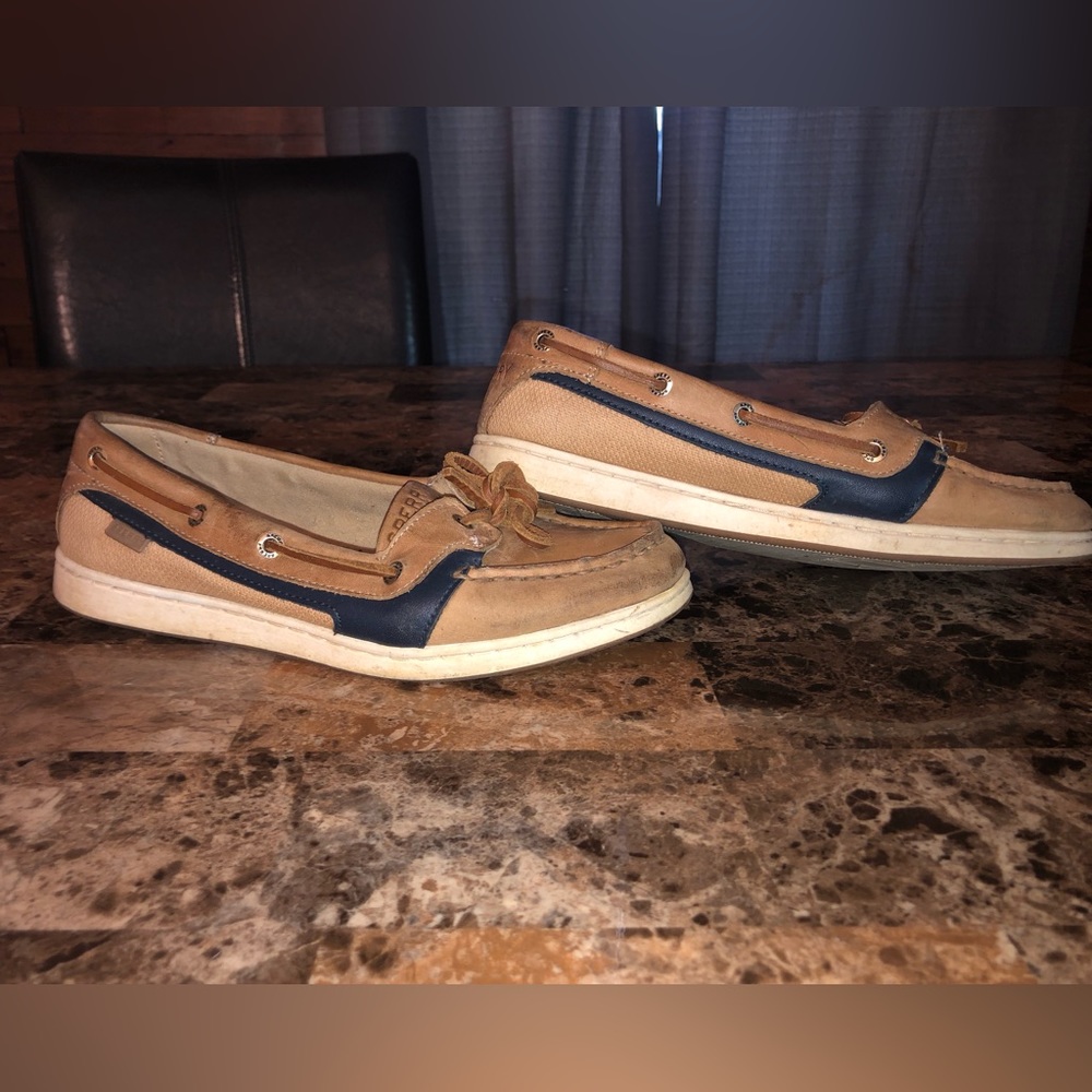 LAST CHANCE Navy Sperry top slider slip on leather boat shoes